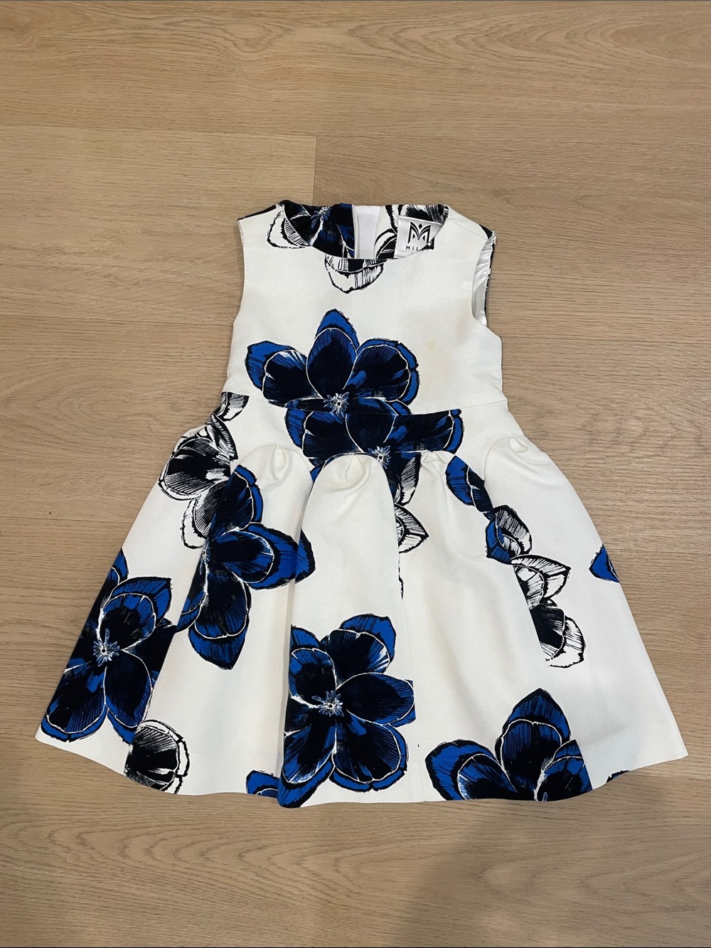 Milly Minis White Dress with Bold Blue and Black Floral Print
